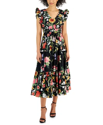 Anne Klein Plus Size Cotton Floral-print Tie-waist Midi Dress In Black Multi