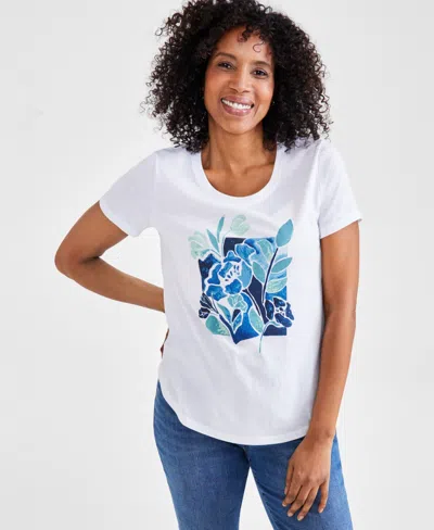Style & Co Women's Graphic Crewneck T-shirt, Created For Macy's In Tulip Bright White