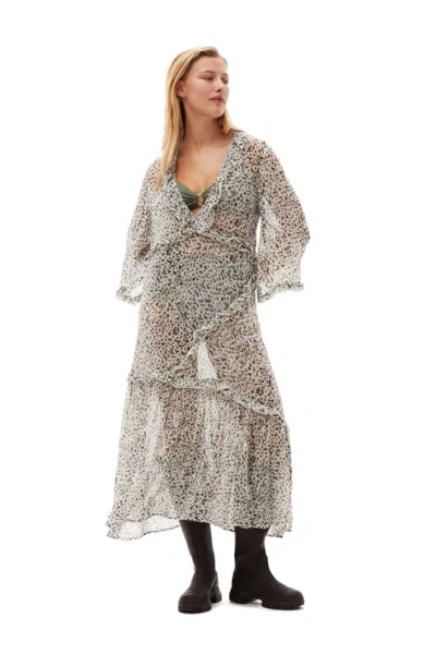Ganni Printed Light Georgette Maxi Dress In Neutral