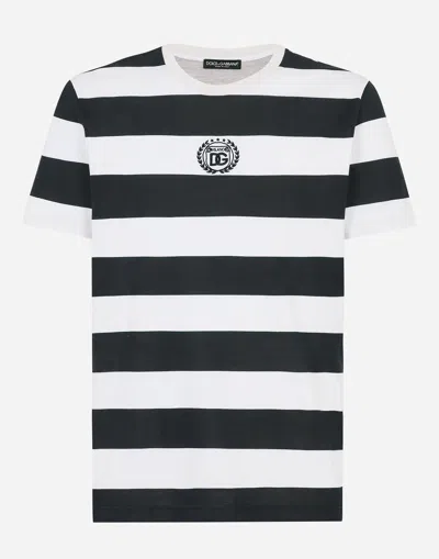Dolce & Gabbana Striped Marina-print T-shirt With Dg Embroidery In Multicolor