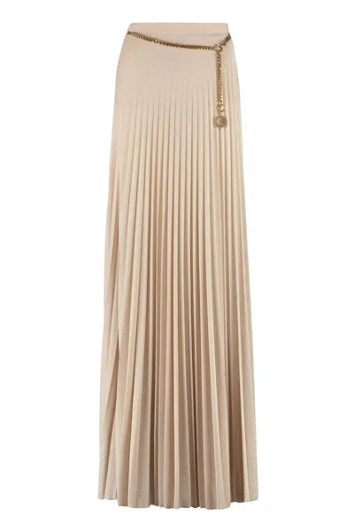Elisabetta Franchi Pleated Long Skirt With Chain Belt In Neutrals
