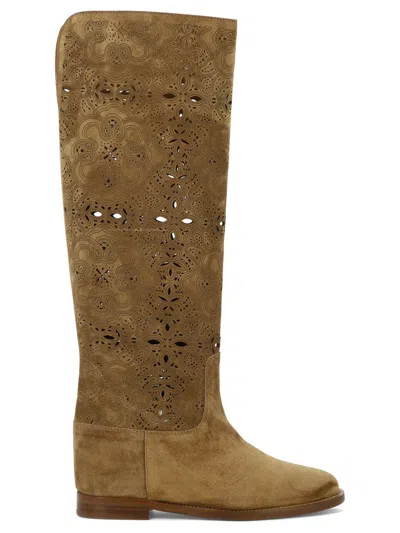 Via Roma 15 Suede Boots With Inlays In Beige