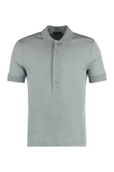 Tom Ford Ribbed Knit Polo Shirt In Light Gray