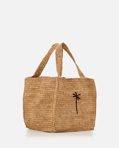 Manebi Squared Raffia Tote Bag W/palm Detail In Brown