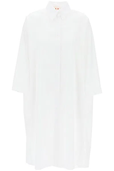 Marni Pleated Back Yoke Dress With Oversized Silhouette In Bianco