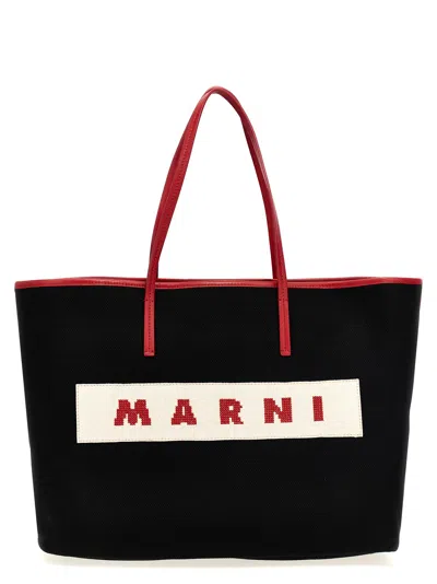 Marni Logo Canvas Shopping Bag In Nero