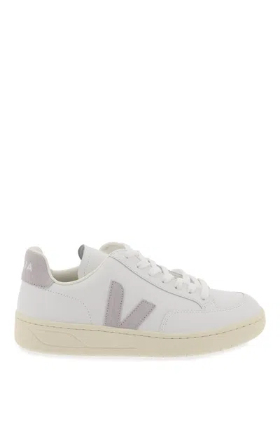 Veja V-12 Leather Trainers In White,grey