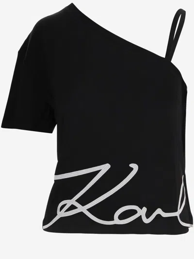 Karl Lagerfeld Logo-print One-shoulder Top In Black