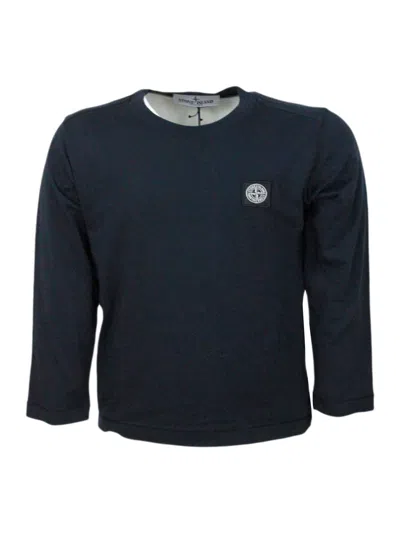 Stone Island Kids' 100% Cotton Long Sleeve Crew Neck T-shirt With Logo On The Chest In Blu