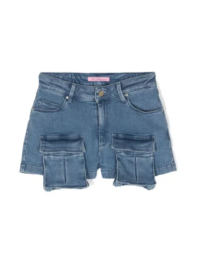 Miss Blumarine Kids' Mid-rise Denim Cargo Shorts In Blue