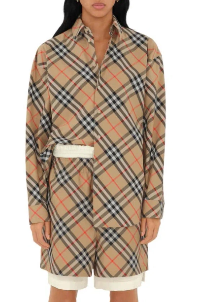 Burberry Check Long-sleeve Cotton Button-down Top In Sand Ip Check