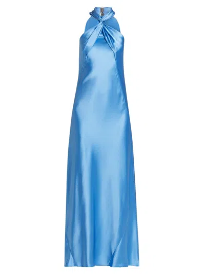 Galvan Portico Halterneck Satin Gown In Blue