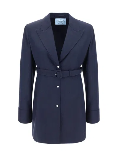 Prada Belt Detail Single-breasted Jacket In Blue