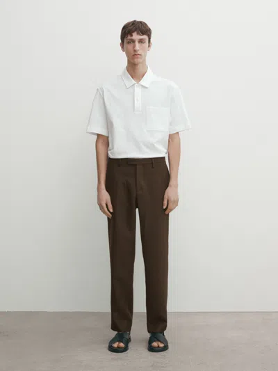 Massimo Dutti Short Sleeve Cotton Polo Shirt In Gebrochen Weiss