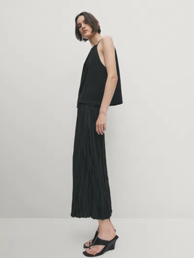 Massimo Dutti Pleated Black Midi Skirt In Schwarz