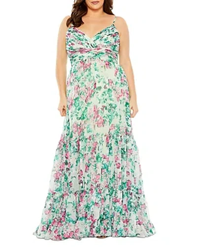 Mac Duggal Floral Printed Tiered Ruched Gown In Green Multi