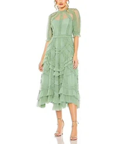 Mac Duggal High Neck Puff Sleeve Ruffle Tiered Dress In Jade