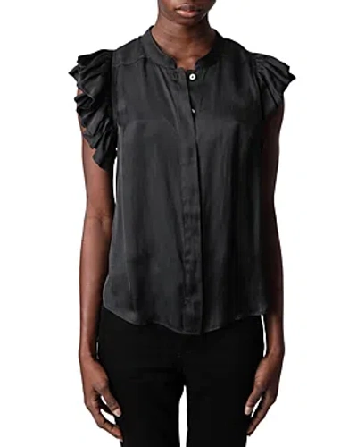 Zadig & Voltaire Tiza Ruffle Satin Button-up Blouse In Noir