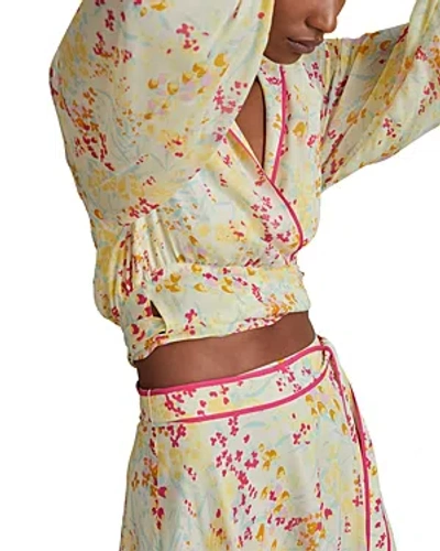 Reiss Lyla - Pink/yellow Floral Print Tie Waist Cropped Blouse, Us 0