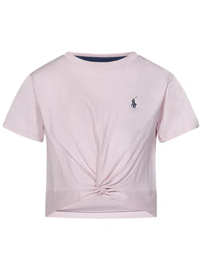 Polo Ralph Lauren Kids' Cotton Crop T-shirt With Logo In Hint Of Pink W/rustic Navy