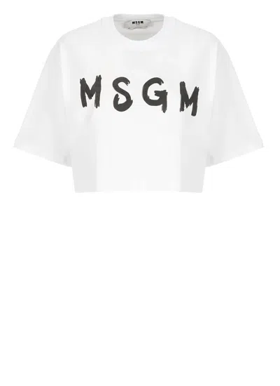 Msgm Cropped T-shirt With Logo In White