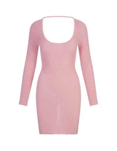A Paper Kid Short Pink Ribbed Knitted Dress With Distressed Effect
