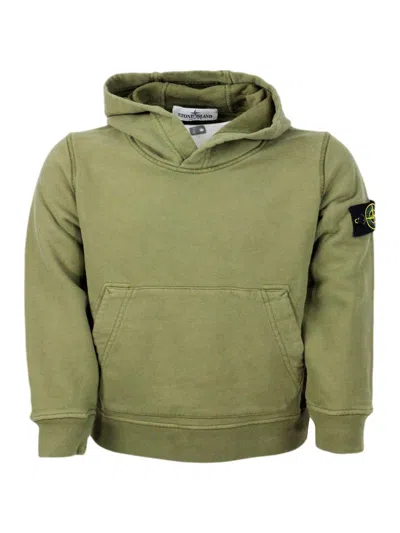 Stone Island Kids' Rocky Hooded Sweatshirt With Long Sleeves In Stretch Cotton With Badge On The Left Sleeve In Military
