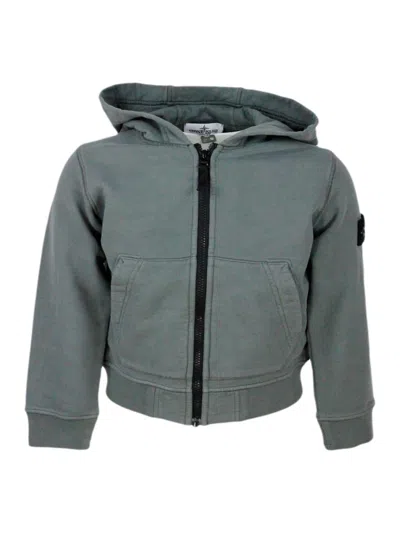 Stone Island Kids' Full Zip Hoodie With Long Sleeves In Stretch Cotton With Badge On The Left Sleeve In Grey