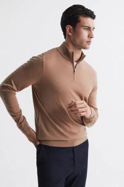 Reiss Blackhall - Camel Merino Wool Half-zip Funnel Neck Jumper, S