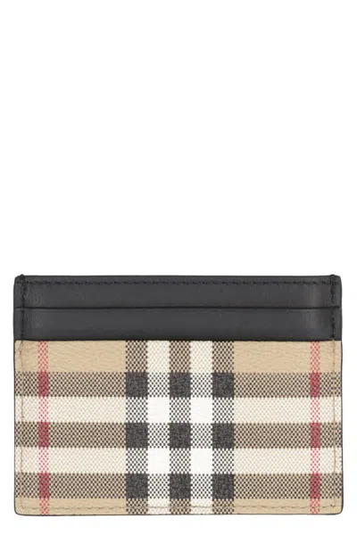 Burberry Leather And Checked Fabric Card Holder In Beige