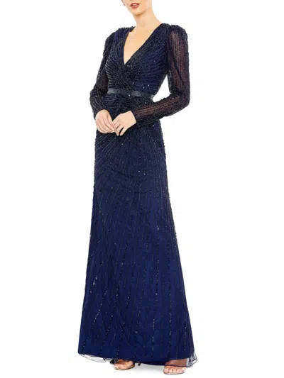 Mac Duggal Sequined Wrap Over Long Sleeve Gown In Midnight