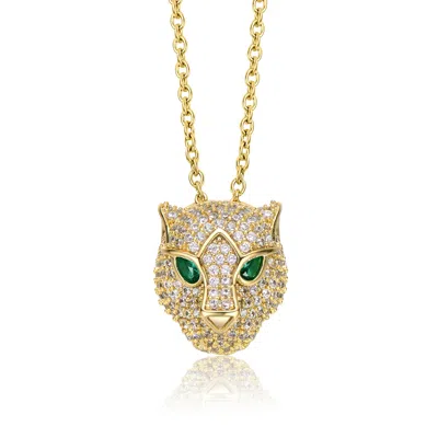 Rachel Glauber Rg 14k Yellow Gold Plated With Emerald & Cubic Zirconia 3d Panther Head Pendant Layering Necklace