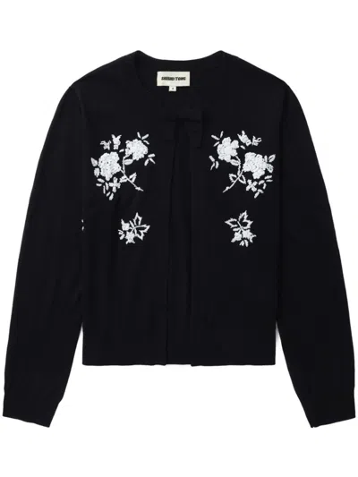 Shushu-tong Blue Floral-embroidered Knitted Cardigan