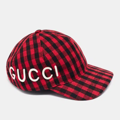 Pre-owned Gucci Red/black Loved Gingham Flannel Baseball Cap S