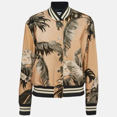 Pre-owned Off-white Tan Leaf Print Velvet Cotton Buttoned Bomber Jacket S