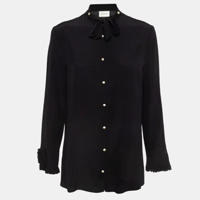 Pre-owned Gucci Black Silk Gg Embellished Button Tie-up Neck Shirt M