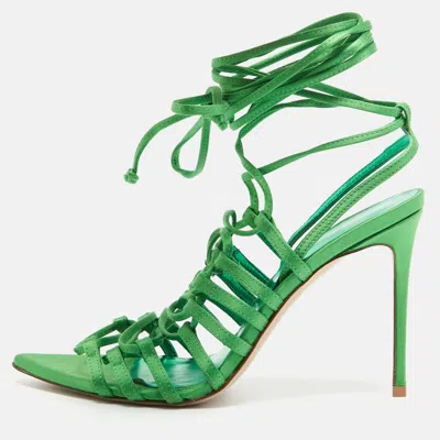 Pre-owned Le Silla Green Satin Lace Up Ankle Wrap Sandals Size 36.5