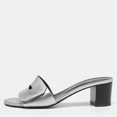 Pre-owned Hermes Silver Leather Very Block Heel Slide Sandals Size 38