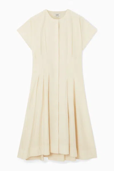 Cos Waisted Pleated Midi Dress In Beige
