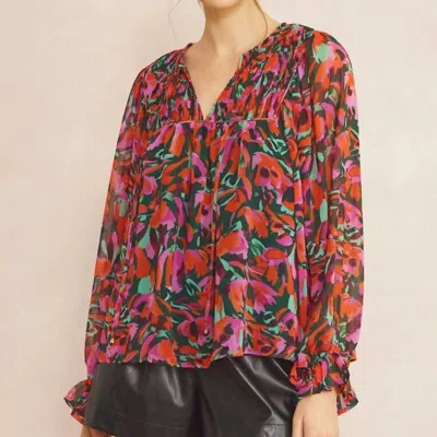 Entro Printed Long Sleeve Blouse In Hunter Green Floral In Red