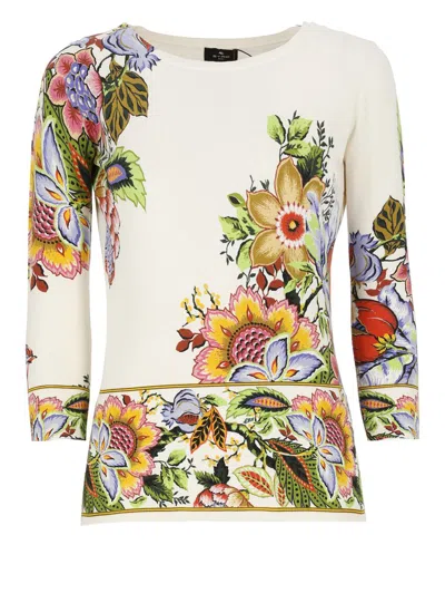 Etro Tree Of Life 3/4-sleeve Stampa Croce Pullover In White