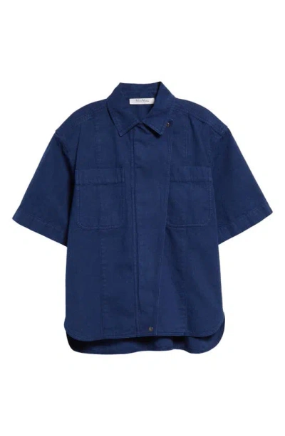 Max Mara Gabriel Short-sleeve Zip-front Denim Collared Shirt In Blue
