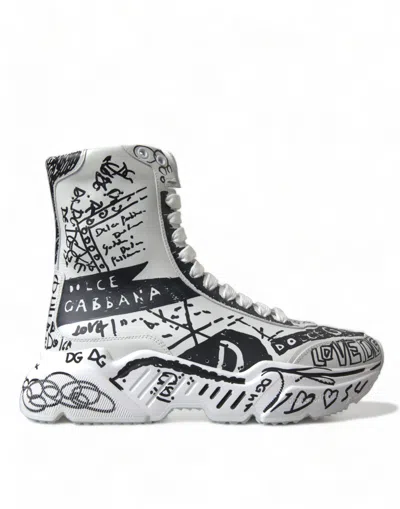 Dolce & Gabbana White Black Graffiti Daymaster Trainers Shoes In Black And White