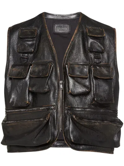 Prada Leather Waistcoat In Schwarz