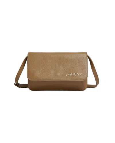 Marni Brown Leather Shoulder Bag With  Mending