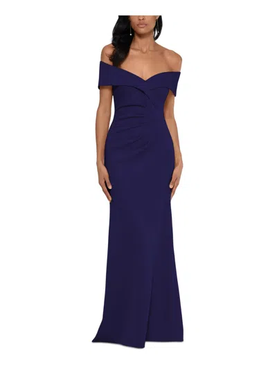X By Xscape Womens Gathered Off-the-shoulder Evening Dress In Blue