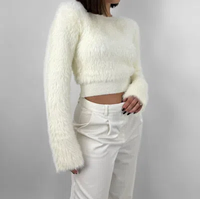 Crescent Cropped Wide Sleeve Fuzzy Sweater In Cream In White