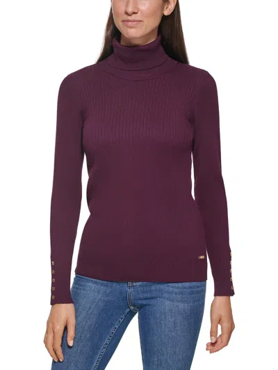 Calvin Klein Womens Button Turtleneck Pullover Sweater In Purple