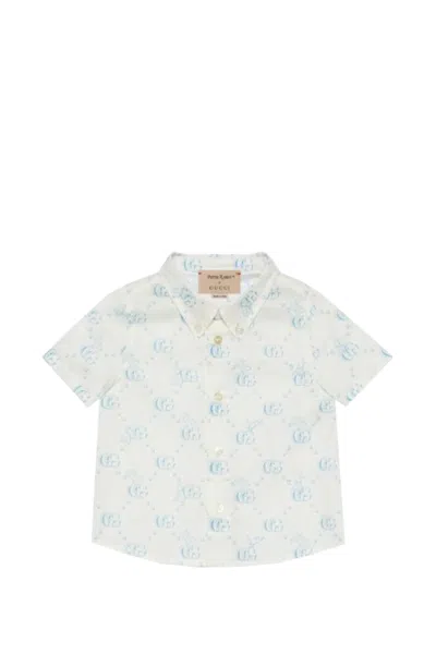 Gucci White Shirt For Baby Girl With Light Blue Gg And Rabbit Logo