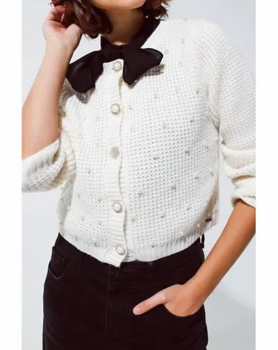 Q2 Waffle Knit Cardigan With Pearls In White